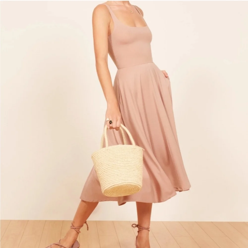 NWT Reformation Blush Pink‎ Rou Scoop Neck Fit & Flare Jersey Knit Midi Dress XL